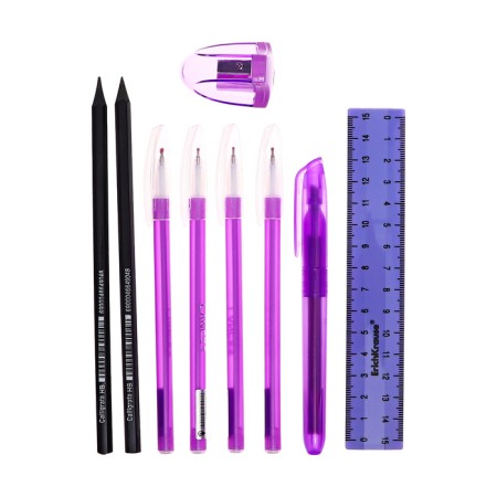 Cleaning set 10 items (pencil case is 65 x 210 mm, pens 4 pieces Blue, ruler 15 cm, sharpener, pencil 2 pieces, texture), purple-9