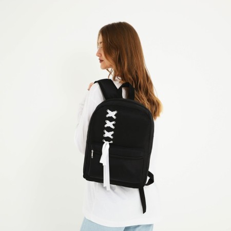 School textile school backpack with a white ribbon, 38x29x11 cm, black color, lightning department-6