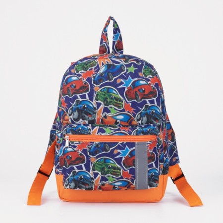 Baby backpack on lightning, external pocket, reflective strip, blue/orange color