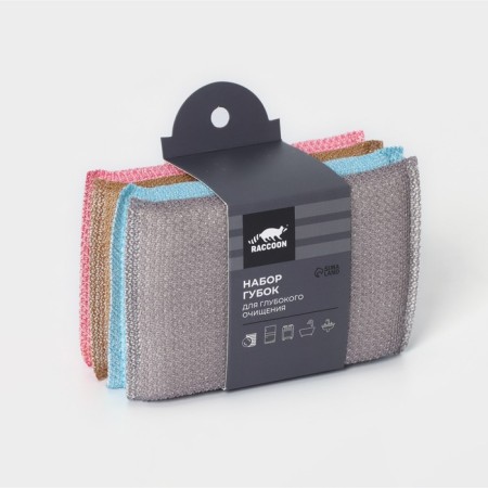 Set of scraper sponge with plastic thread Raccoon, 4 pcs, 13.5 × 8 × 1.4 cm, color mix-3