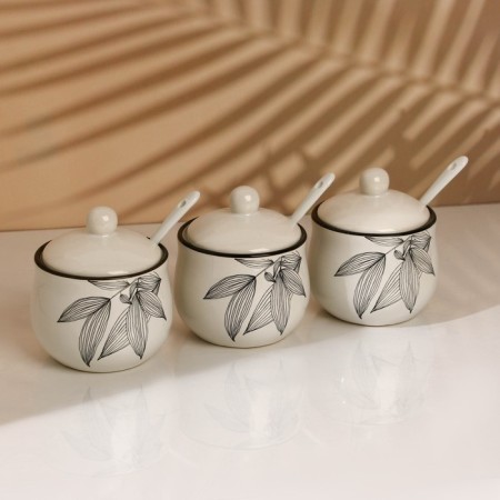 A set of ceramic cans for spices on the metal stand “Leaves”, 200 ml, 3 pcs, white color-2