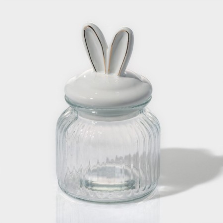 Glass Bank for bulk products with a ceramic lid of the bunny in gold, 600 ml
