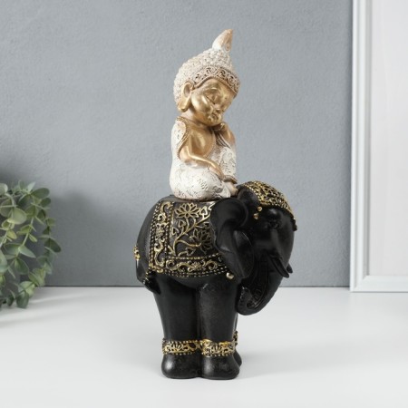 Polystone souvenir "Little Buddha on the Black Elephant" 14x14x30 cm-2