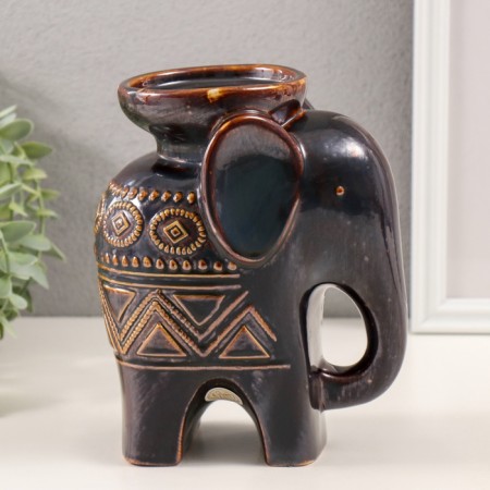 Ceramics candlestick on 1 candle "Elephant. Ethnic patterns" Brown 10x14.5x18 cm-4