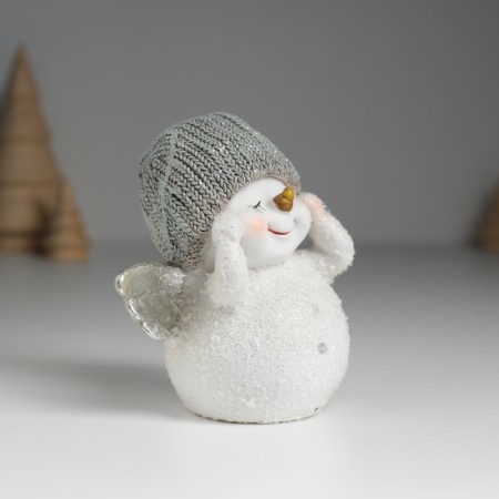 Souvenir Polystone "Snowman White with silver wings, in a knitted cap" 9x6x9 cm-1