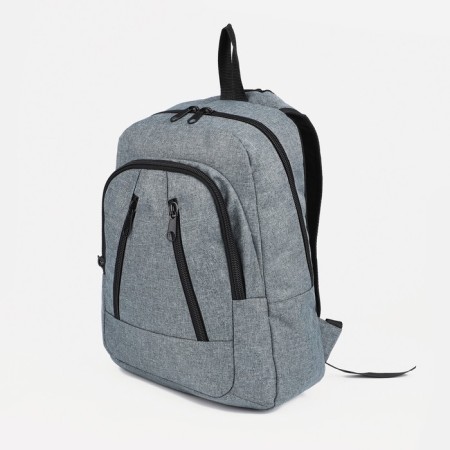 A backpack with a zipper, "saxi", outer pocket, gray color