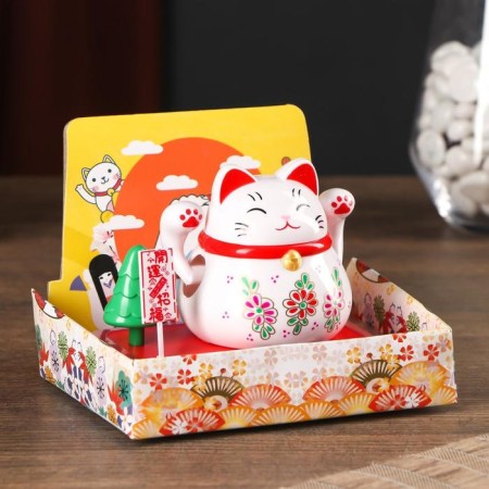 Plastic pendulum from the solar battery "Cat Mani-Neko with flowers" White 8x10x6 cm-5