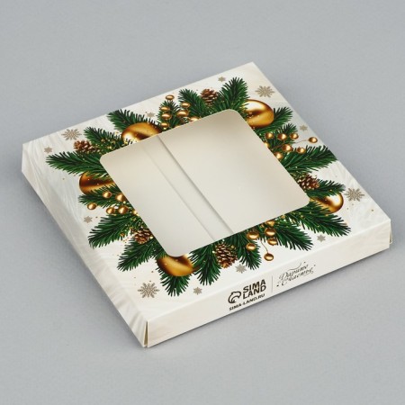 Gold chocolate box, with a window, 10.2 x 1.4 x 10.2 cm, New Year