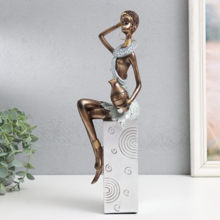 Souvenir Polystone "African with a jug, on the stand" Silver Pattern - circles 10.5x8x33.5 cm-1