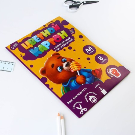 Cardboard of color A4, 8 sheets 8 colors non -unilateral “September 1: Bear” in the folder density 180 g/m-6