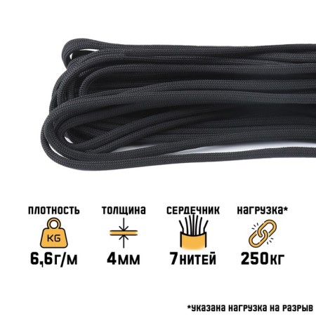 Survival paracord 550, with fishing line, wick, black, D - 4 mm, 10 m