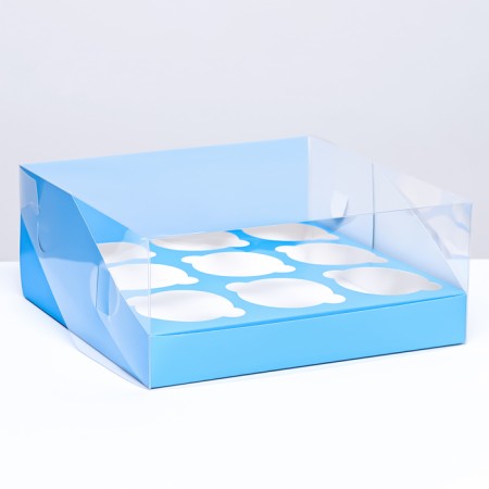 Confectionery folding box for 9 cupcakes 23.5 x 23.5 x 10, blue