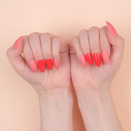 False nails, 24 pcs, with adhesive plates, almond shape, neon/matte pink color-11