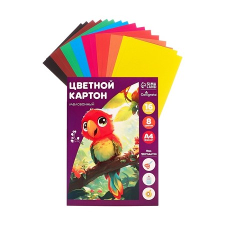 Cardboard of color A4, 16 sheets, 8 colors, in the Parrot folder, coated 240 g/m2-1