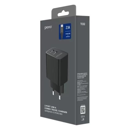Network charger PERO TC02, 2 USB, 2.1 A, MicroUSB cable, black-3
