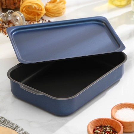 The baking sheet is rectangular, 19 × 25 cm, with a lid, anti -stick coating, blue color-1