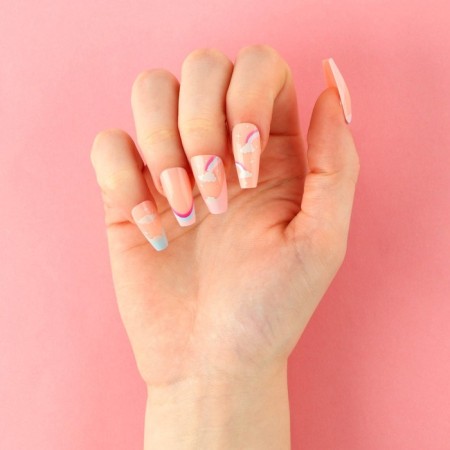 Falled nails "Rainbow", 24 pcs, adhesive plates, ballerina shape, glossy beige/yellow/blue color-6