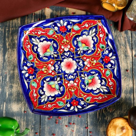 Largan Rishtan ceramics "Flowers", 25 cm, square, red-1