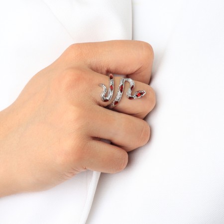 New Year! Symbol of the year 2025! Ring "Snake" spiral, red color in silver, dimensionless-3