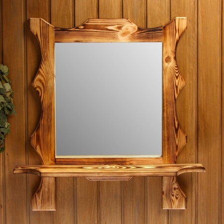 Carved "square" mirror with a shelf, burned, 53 × 53 × 15 cm-1