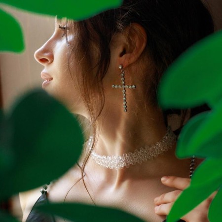 Earrings with rhinestones “crosses” with divisions are large, white color in silver-1