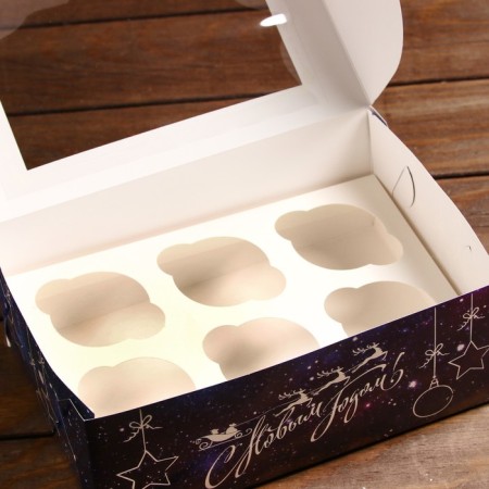 Packaging for 6 cupcakes with the New Year silver window, 25 x 17 x 10 cm-2