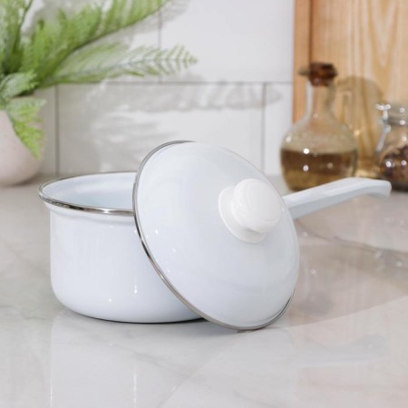Cylindrical bucket, 1 l, without decolleys, plastic handle, enameled cover, induction, white color-2