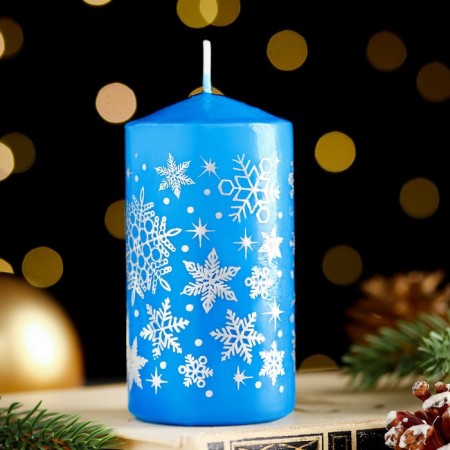 Candle - New Year's "Snowflakes" cylinder, 5x10 cm, blue with silver, mix-1