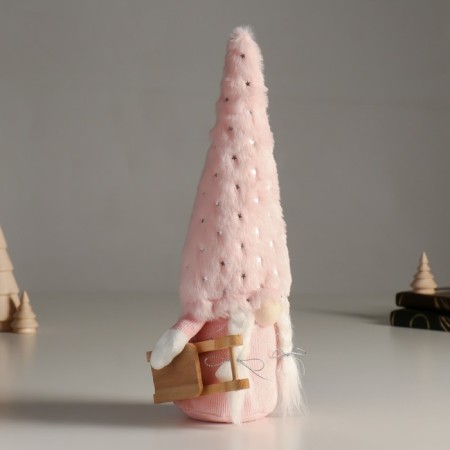 Interior doll "Granny in a fur pink cap with stars and sleds" 32 cm-1