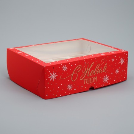 Folding box for 12 cupcakes with a “Happy New Year” window 32.8 x 25.6 x 10 cm, New Year