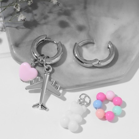 Earrings with the removable element "Transformer" Bear and heart, colored in silver-2