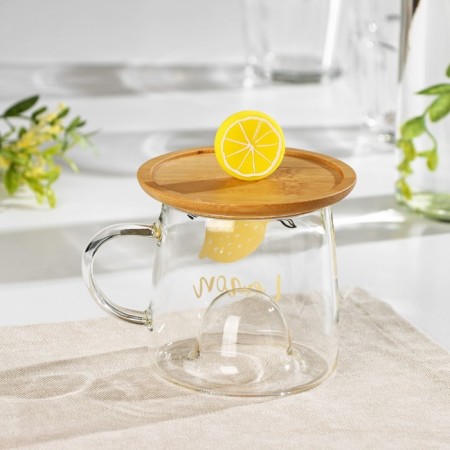 Glass mug with a wooden lid "Lemonchik", 350 ml-4