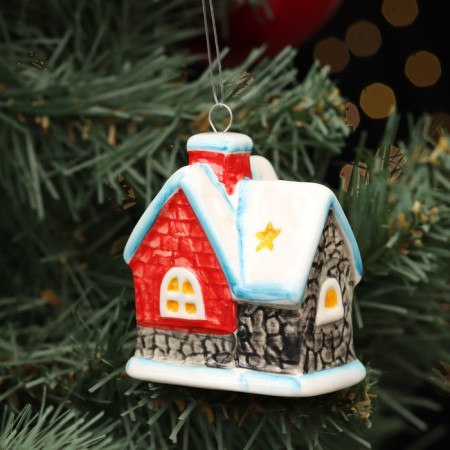 Christmas porcelain toy "House New Year No. 1", fastening loop, 7 cm-2