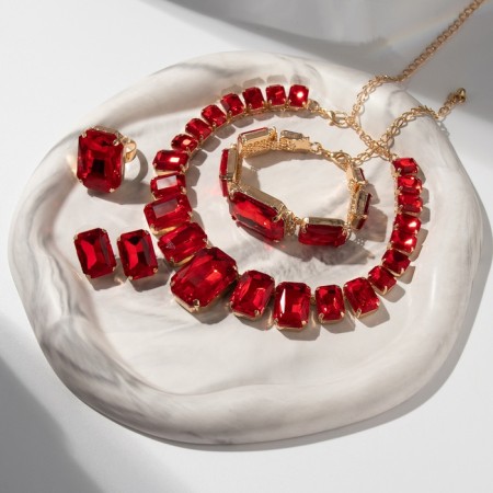 Set 4 objects: earrings, necklaces, bracelet, “evening” ring volume, red in gold-2