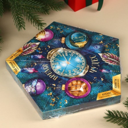 Gift set New Year's “Miracles Time”: Green Tea, Black Tea, peglasses in glaze, sweets, cream - honey-9