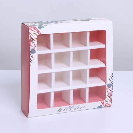Box for sweets, confectionery packaging, 16 cells, with love, 17.7 x 17.7 x 3.8 cm