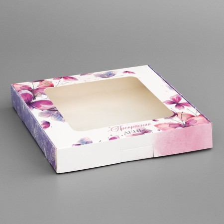 Box a gift team with a window, packaging, "butterflies", 19 x 19 x 3 cm