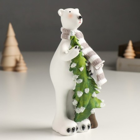 Souvenir Polystone "White Bear in a scarf carries a Christmas tree" 8x5.5x19 cm-1
