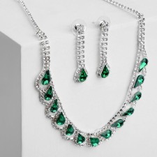 Set 2 objects: earrings, necklace necklace drops, green-white color in silver, 45 cm