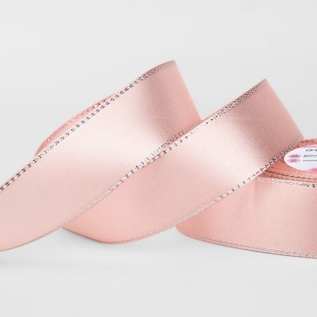 A satin ribbon "Silver threads", 25 mm × 23 ± 1 m, color pink gold No. 107