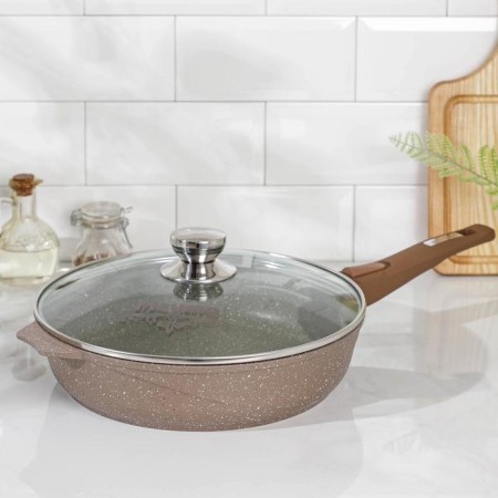 Granite pan, d = 28 cm, removable handle, glass cover, anti -stick coating, brown color