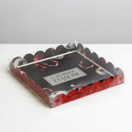 Box for confectionery with PVC lid "Red", 21 x 21x 3 cm, New Year