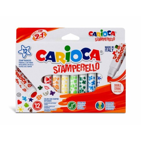 Flomasters bilateral 12 colors, Carioca "Stamperelllo", with stencils, washed off ink, in a cardboard box-1