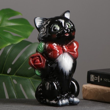 The piggy bank "Small cat with a rose" black, 20cm
