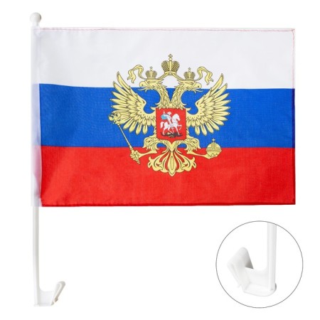 Russian flag with a coat of arms, 30 x 45 cm, polyester silk, with a car mount