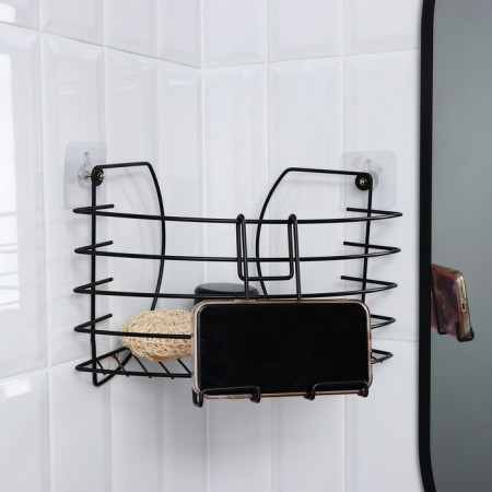 Corner shelf with a phone holder, 22.5 × 22.5 × 20.5 cm, black color