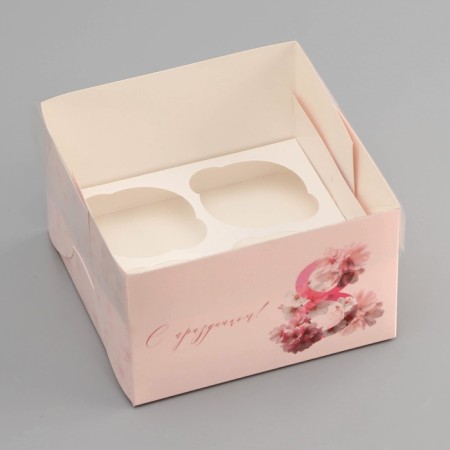 Box for 4 cupcake with a transparent cover, "March 8", 16 × 16 × 10 cm, confectionery packaging-1