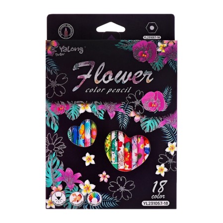 Pencils 18 flowers in a cardboard box, hexagonal, wooden, flowers on a black mix-6