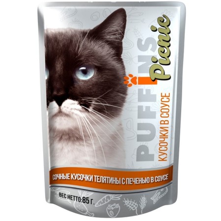 Wet food "Puffins Picnic" for cats, veal with liver in sauce 85 g