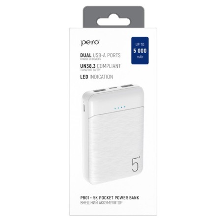 External battery PERO PB01, 5000 mAh, 2 USB, 2.1 A, indicator, white-2